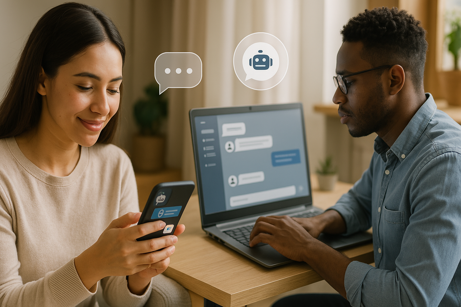 Qu'est-ce qu'un chatbot ? Deux personnes interagissent avec des assistants virtuels sur mobile et ordinateur dans leur quotidien.
